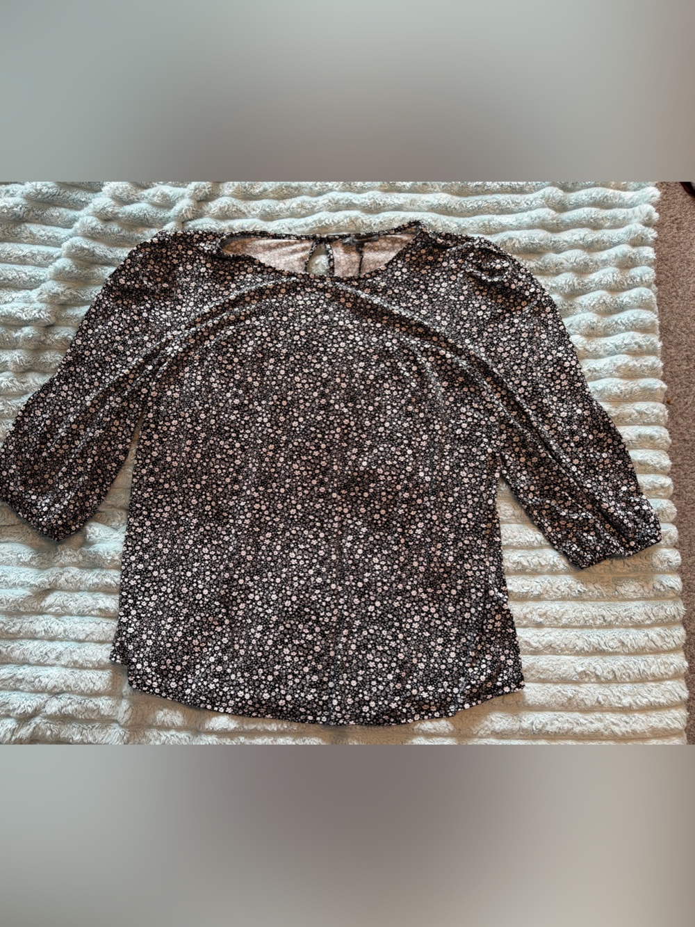 Adrianna Papell Black & Ivory Floral Puff Sleeve Knit Top 1X Stretch Blouse